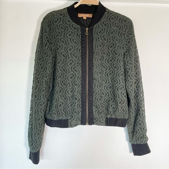 ELLEN TRACY ~ Khaki Green Lace over Black Zipper-Front Jacket ~ Size S - Picture 3 of 9